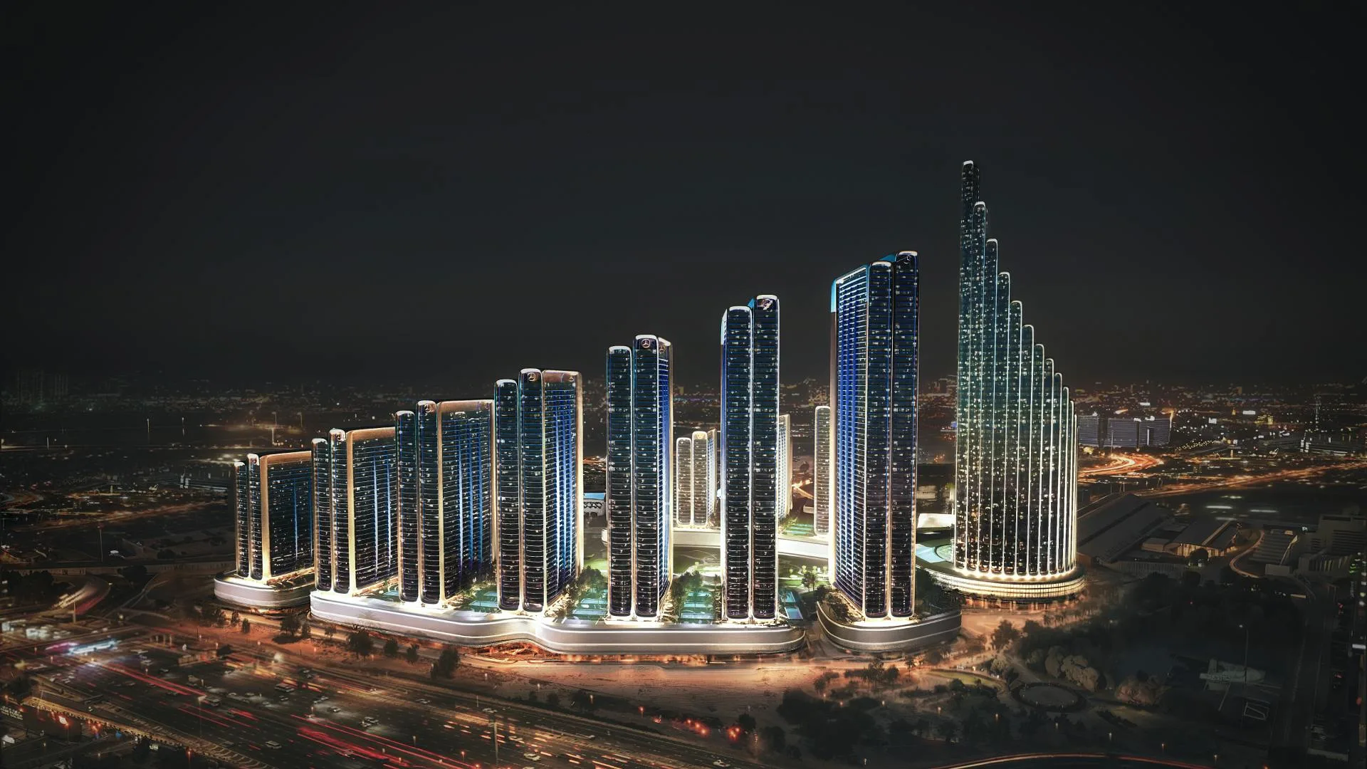 Mercedes-Benz Places | Binghatti City, Nad Al Sheba — masterplan render at night