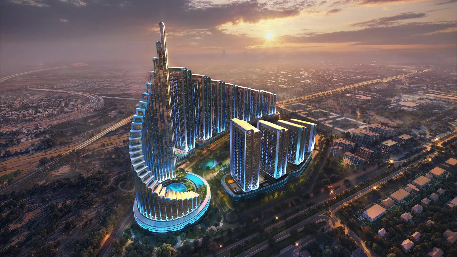 Mercedes-Benz Places | Binghatti City, Nad Al Sheba — aerial masterplan render